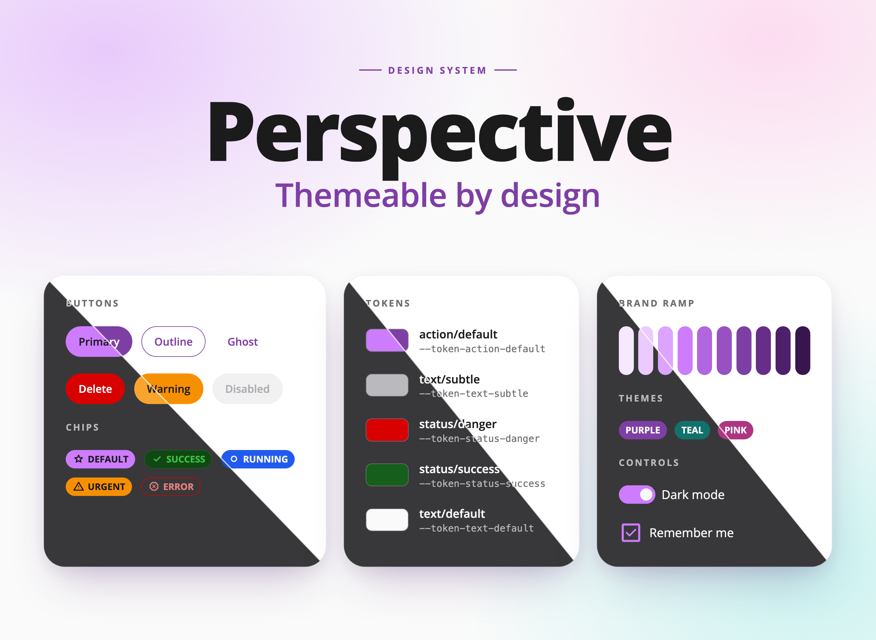 Title card reading Perspective, themeable by design, above three panels split diagonally between light and dark: buttons and status chips, color tokens such as action/default and status/danger, and a purple brand ramp with Purple, Teal and Pink theme chips, a dark mode switch and a checkbox.