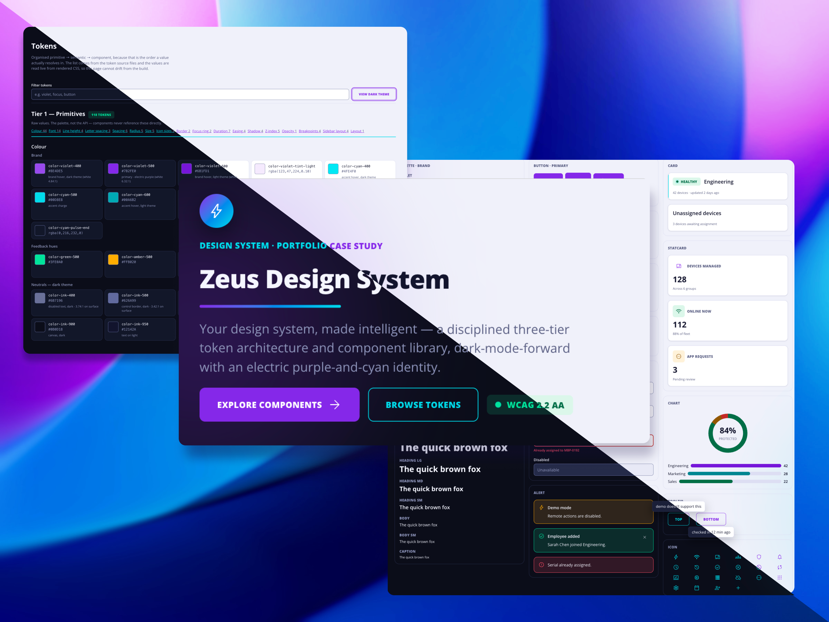 Collage of Zeus Design System screens split diagonally between dark and light themes, showing the token browser, the landing page hero, and UI components such as cards, alerts, and charts.